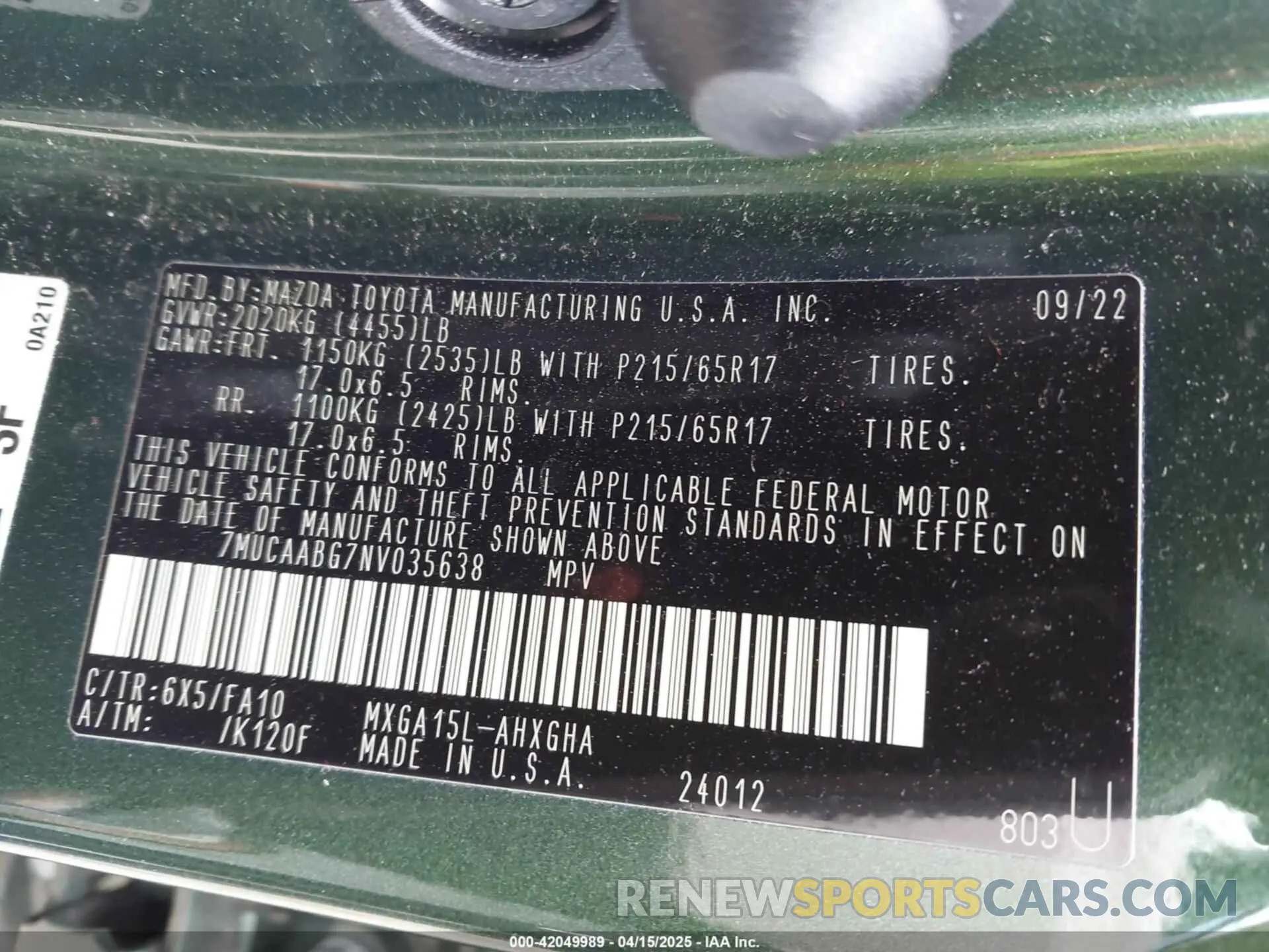 9 Photograph of a damaged car 7MUCAABG7NV035638 TOYOTA COROLLA CROSS 2022