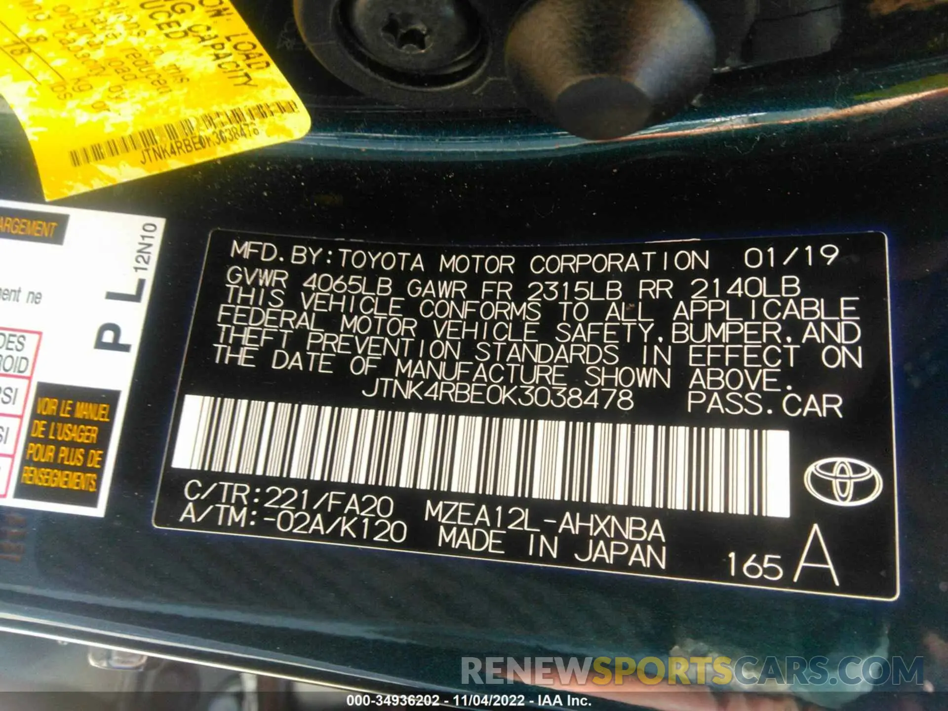 9 Photograph of a damaged car JTNK4RBE0K3038478 TOYOTA COROLLA HATCHBACK 2019