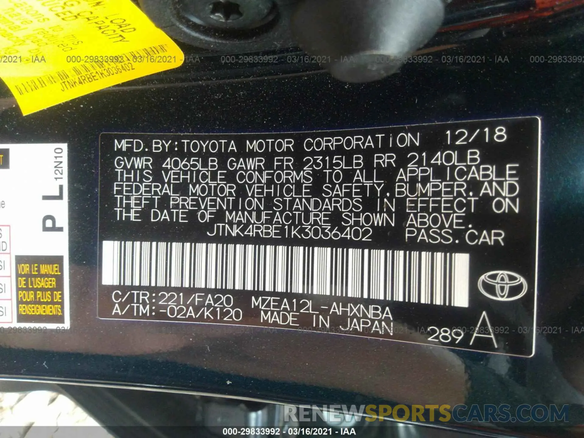 9 Photograph of a damaged car JTNK4RBE1K3036402 TOYOTA COROLLA HATCHBACK 2019