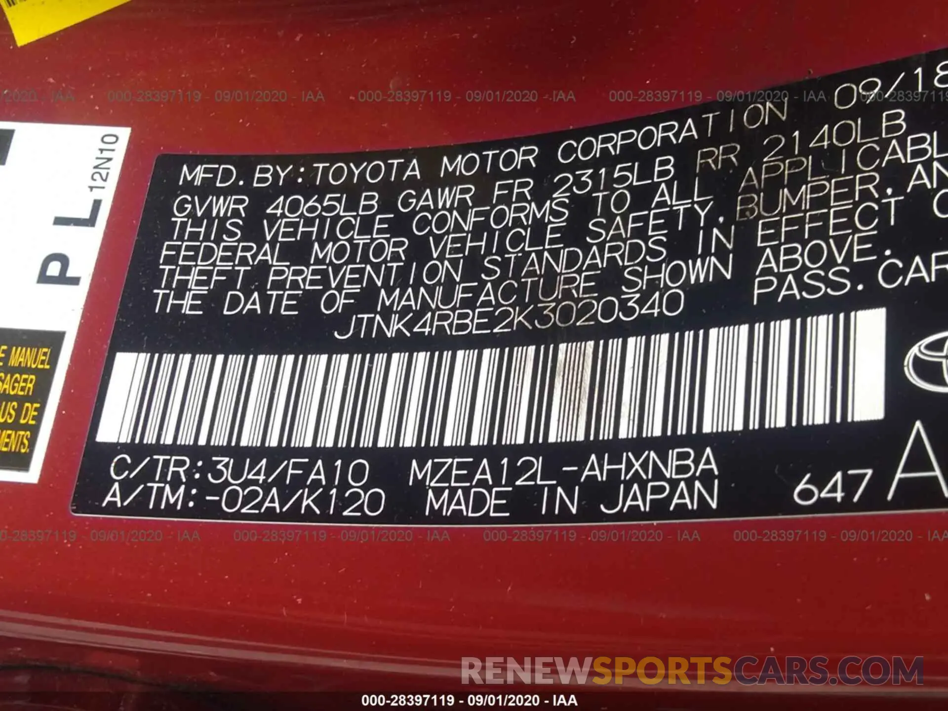 9 Photograph of a damaged car JTNK4RBE2K3020340 TOYOTA COROLLA HATCHBACK 2019