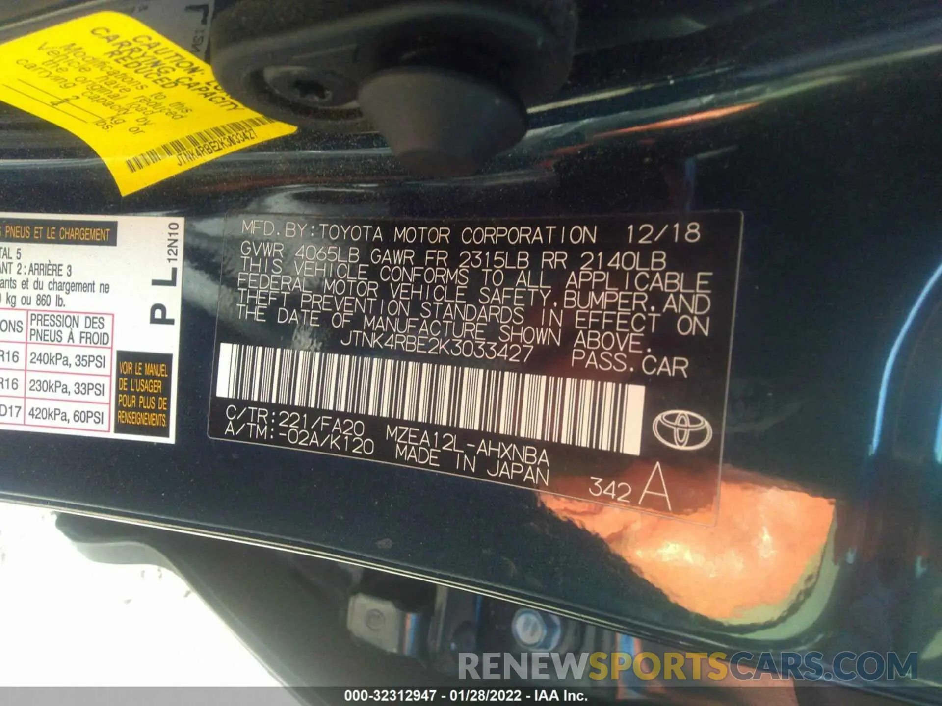 9 Photograph of a damaged car JTNK4RBE2K3033427 TOYOTA COROLLA HATCHBACK 2019