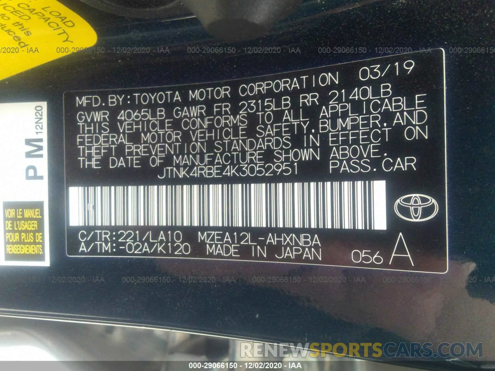 9 Photograph of a damaged car JTNK4RBE4K3052951 TOYOTA COROLLA HATCHBACK 2019