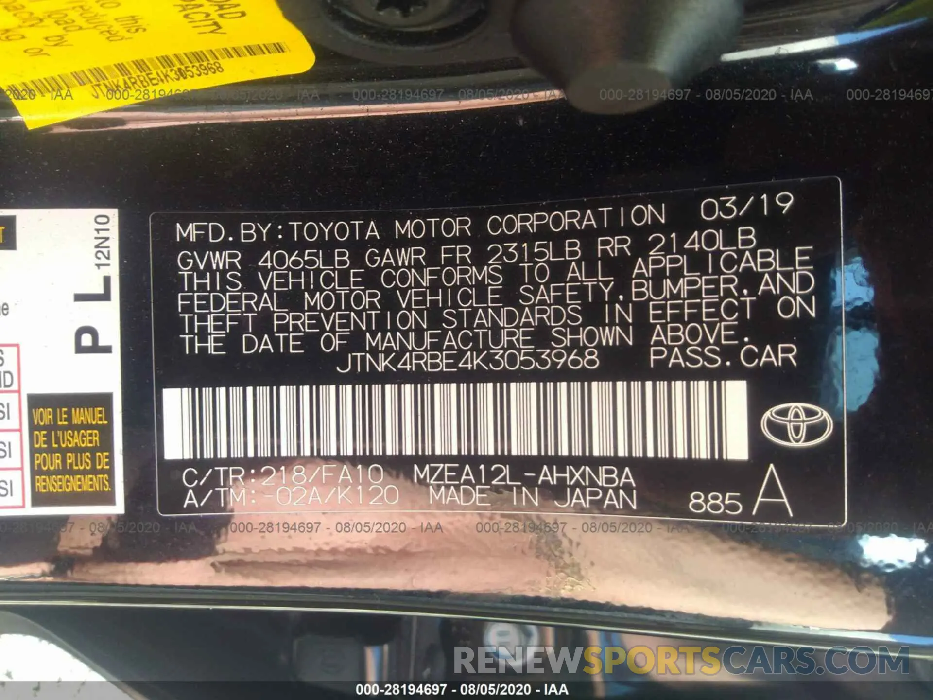 9 Photograph of a damaged car JTNK4RBE4K3053968 TOYOTA COROLLA HATCHBACK 2019