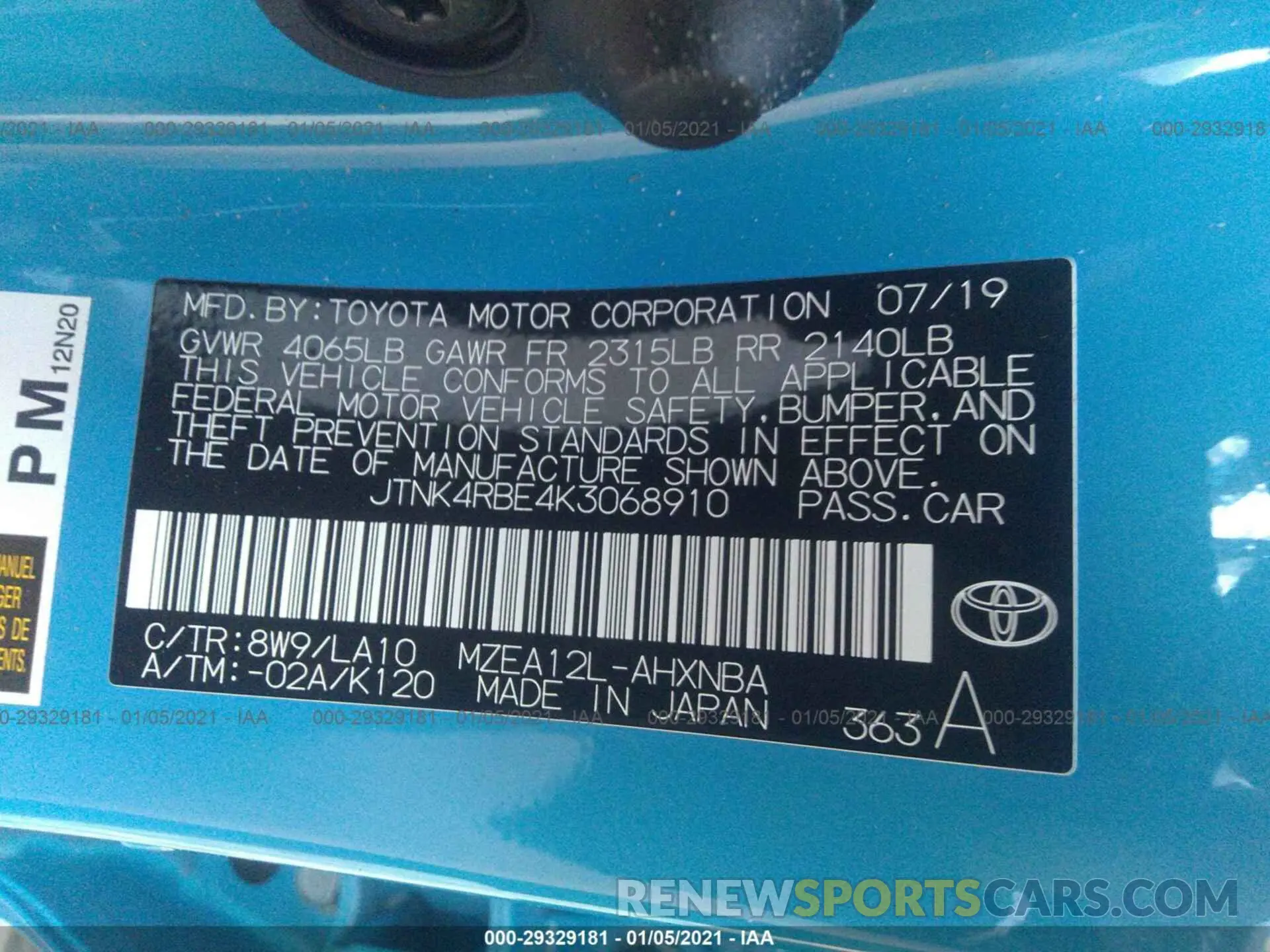 9 Photograph of a damaged car JTNK4RBE4K3068910 TOYOTA COROLLA HATCHBACK 2019