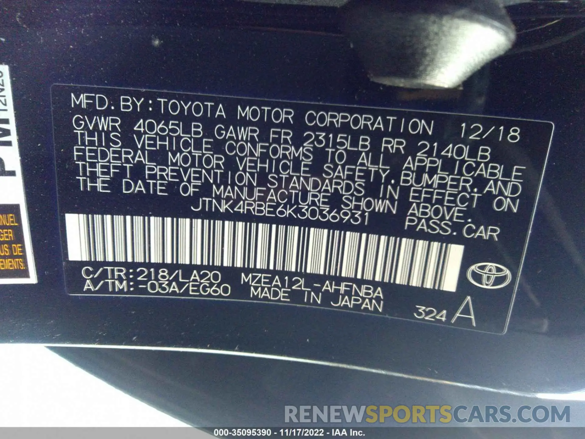 9 Фотография поврежденного автомобиля JTNK4RBE6K3036931 TOYOTA COROLLA HATCHBACK 2019