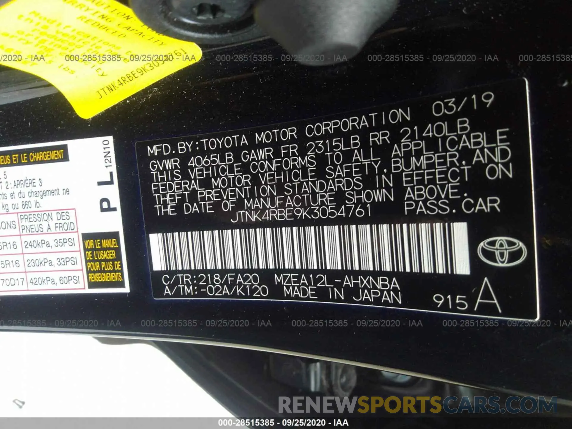 9 Photograph of a damaged car JTNK4RBE9K3054761 TOYOTA COROLLA HATCHBACK 2019