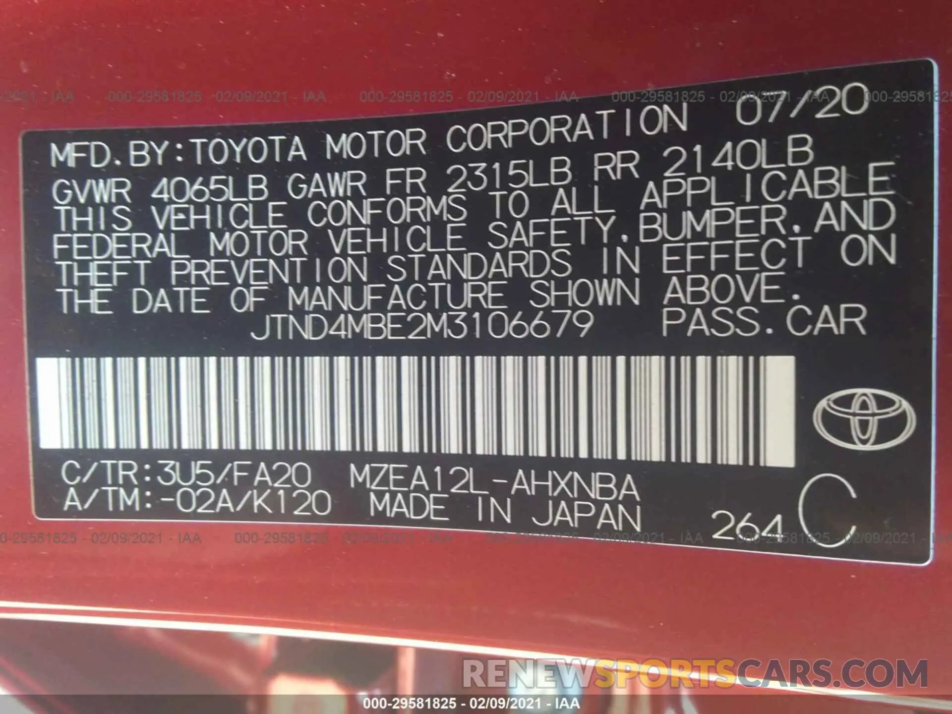 9 Photograph of a damaged car JTND4MBE2M3106679 TOYOTA COROLLA HATCHBACK 2021