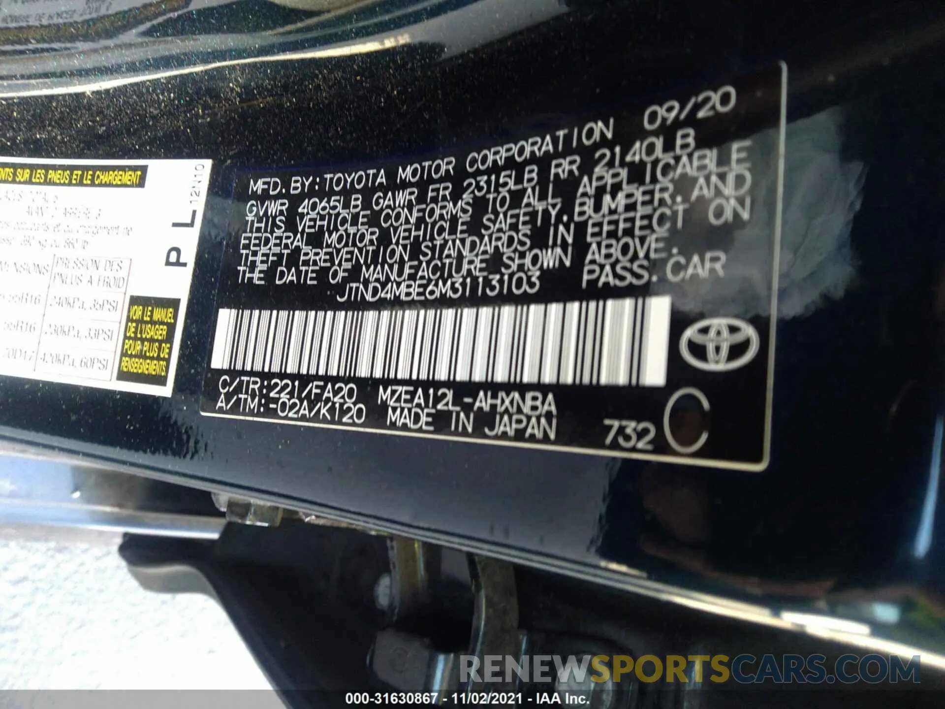 9 Photograph of a damaged car JTND4MBE6M3113103 TOYOTA COROLLA HATCHBACK 2021