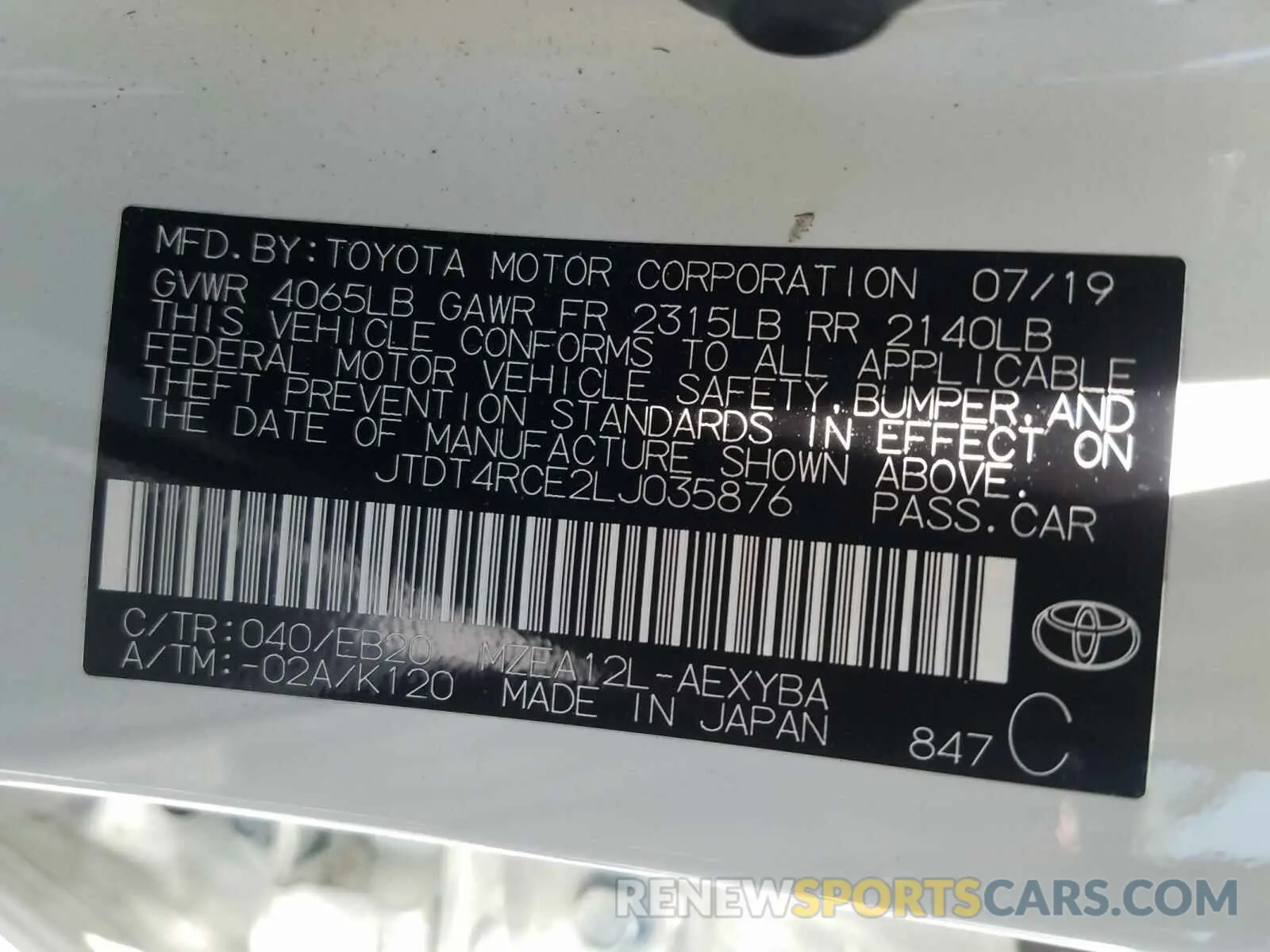 10 Photograph of a damaged car JTDT4RCE2LJ035876 TOYOTA COROLLA XS 2020