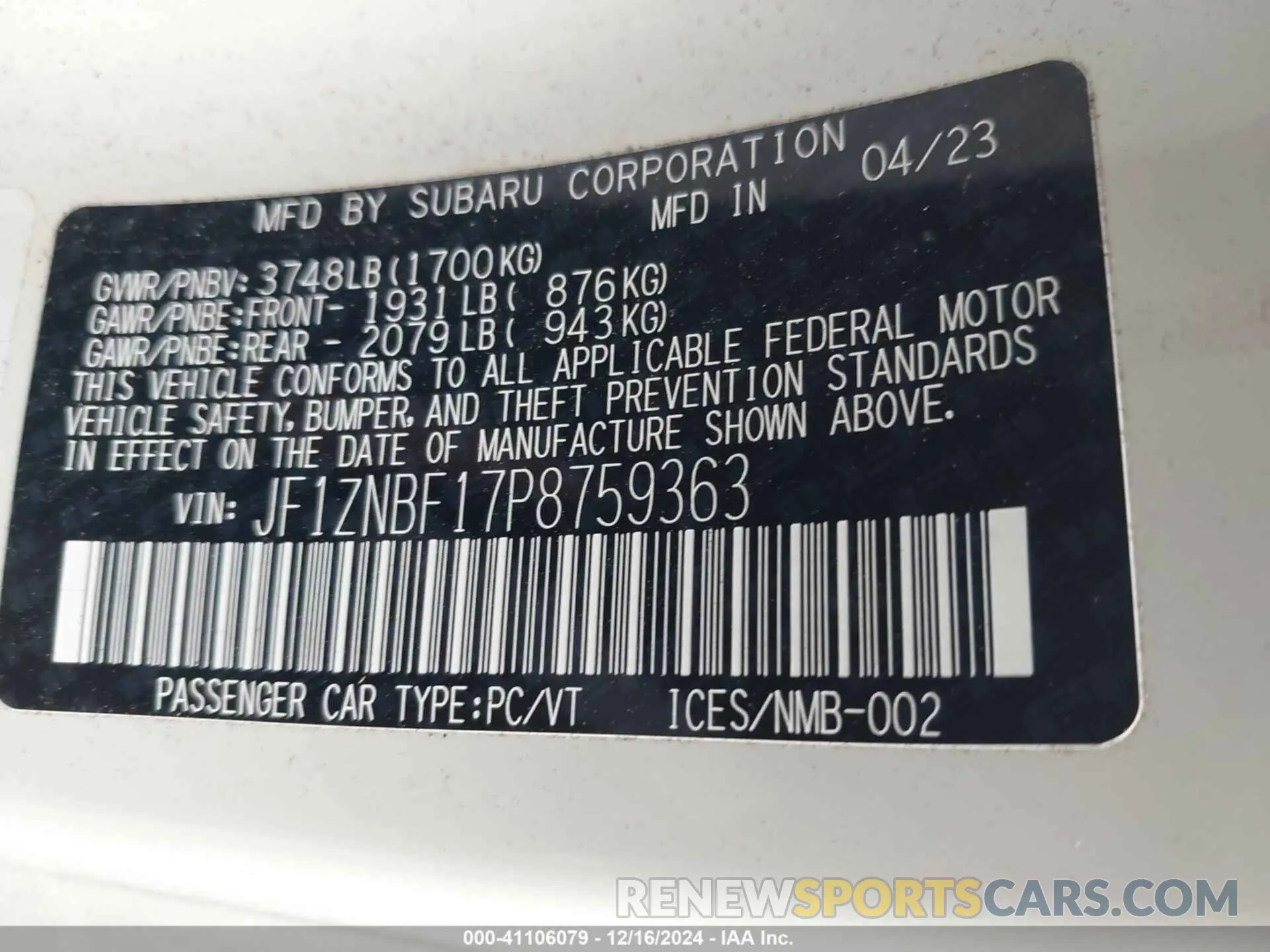 9 Фотография поврежденного автомобиля JF1ZNBF17P8759363 TOYOTA GR86 2023