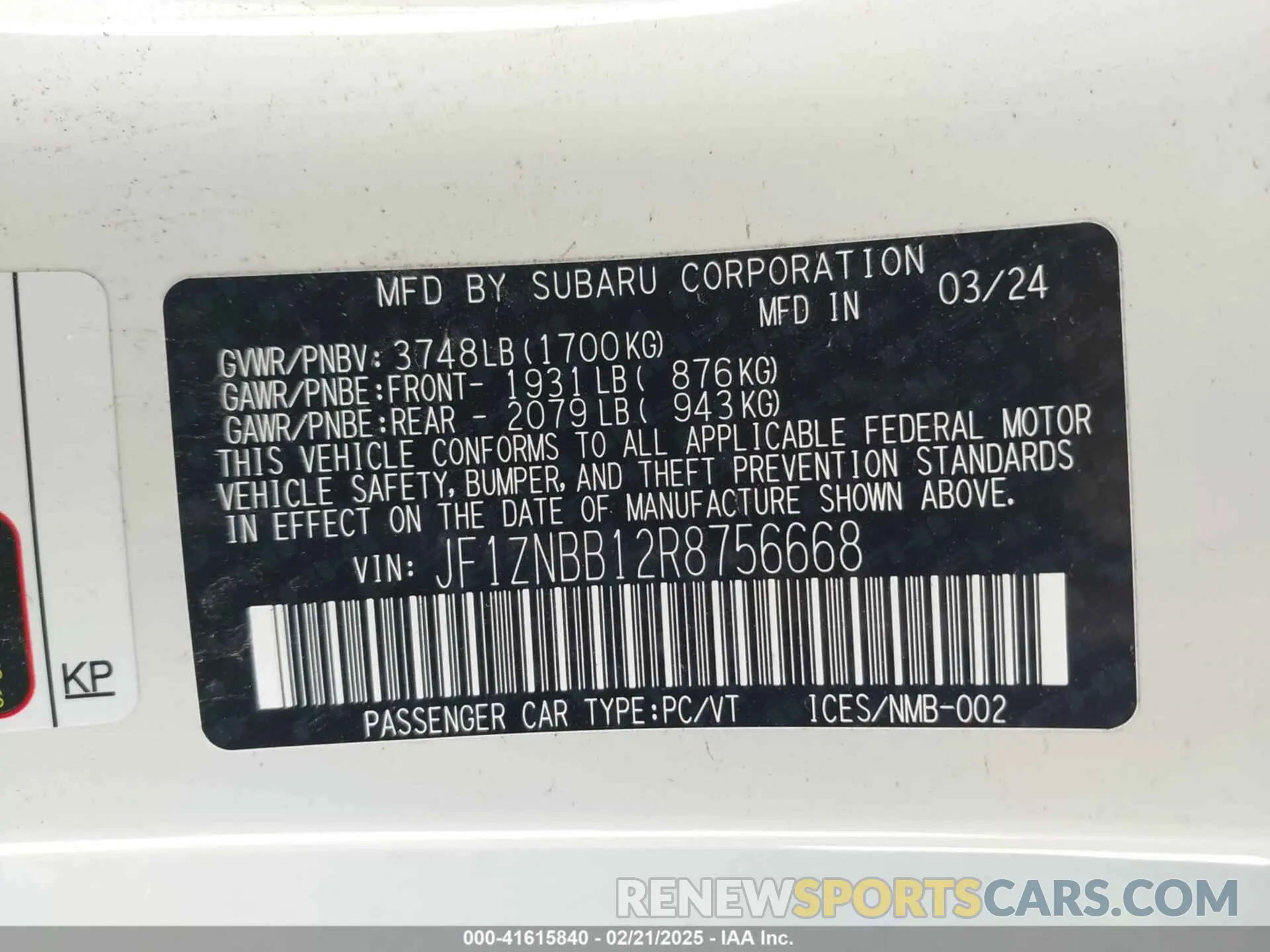 9 Фотография поврежденного автомобиля JF1ZNBB12R8756668 TOYOTA GR86 2024