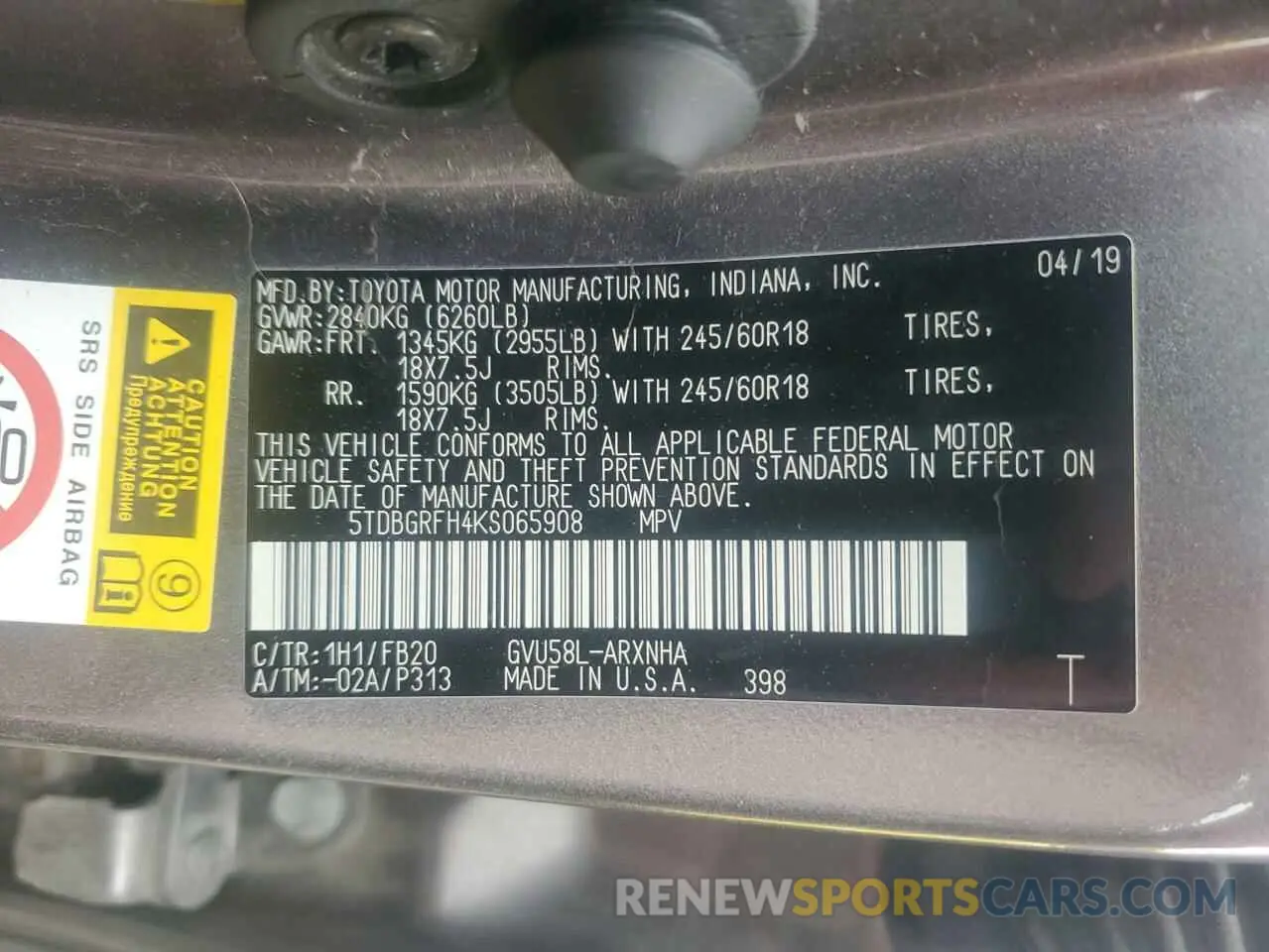 13 Фотография поврежденного автомобиля 5TDBGRFH4KS065908 TOYOTA HIGHLANDER 2019
