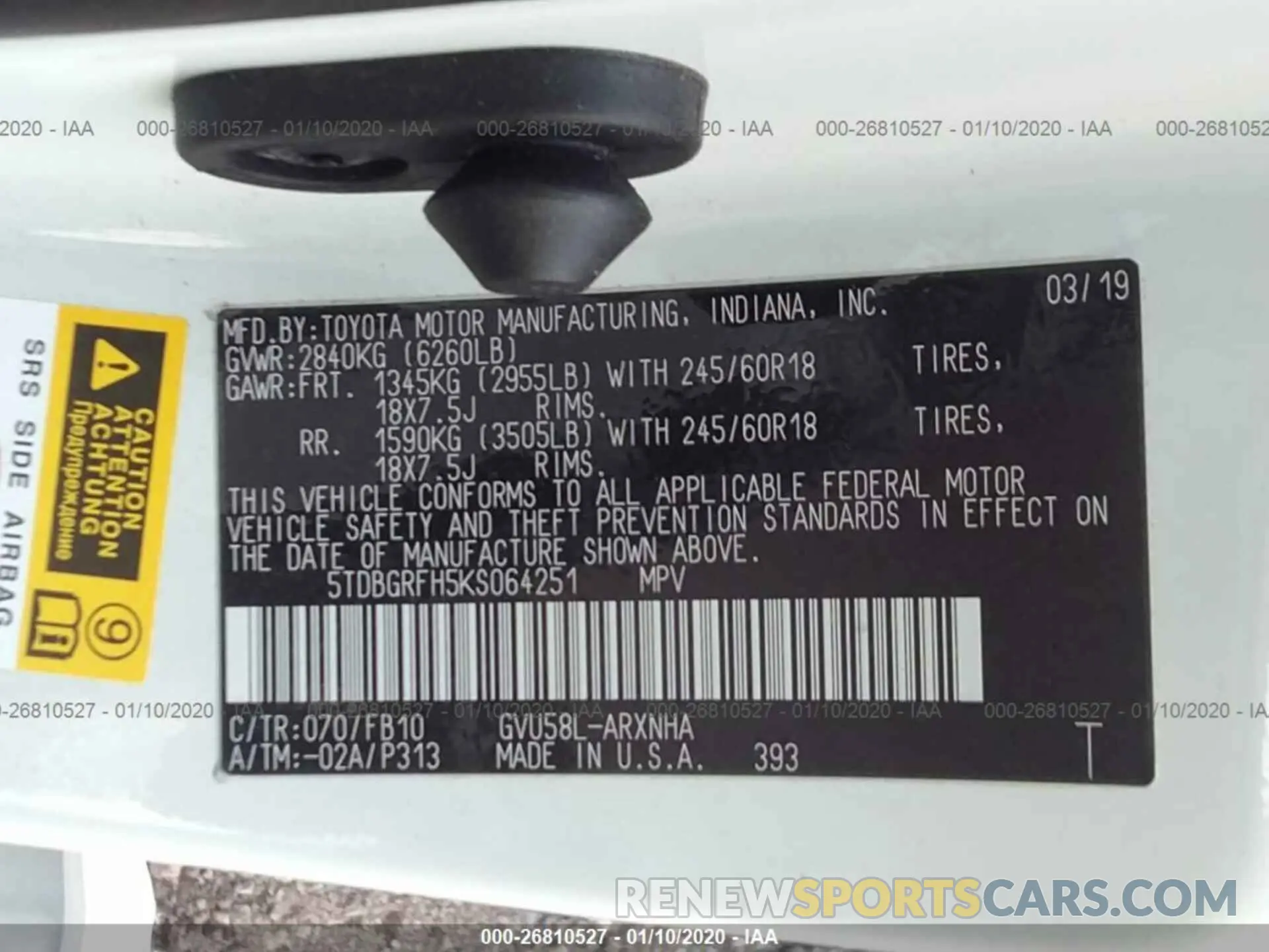 9 Photograph of a damaged car 5TDBGRFH5KS064251 TOYOTA HIGHLANDER 2019