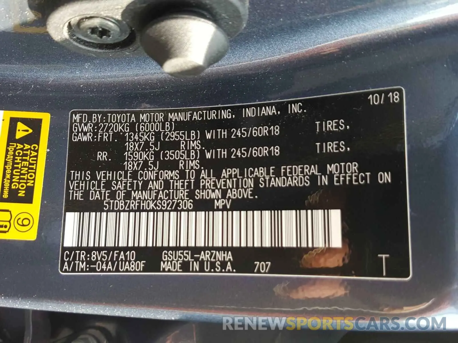 10 Photograph of a damaged car 5TDBZRFH0KS927306 TOYOTA HIGHLANDER 2019