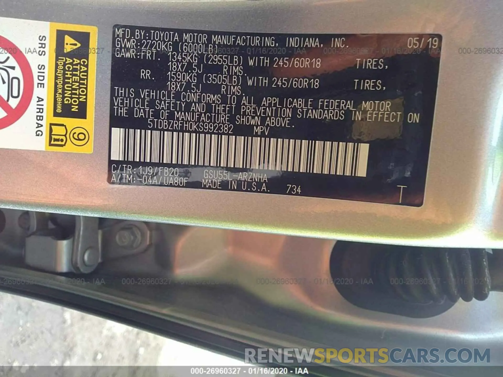 9 Photograph of a damaged car 5TDBZRFH0KS992382 TOYOTA HIGHLANDER 2019