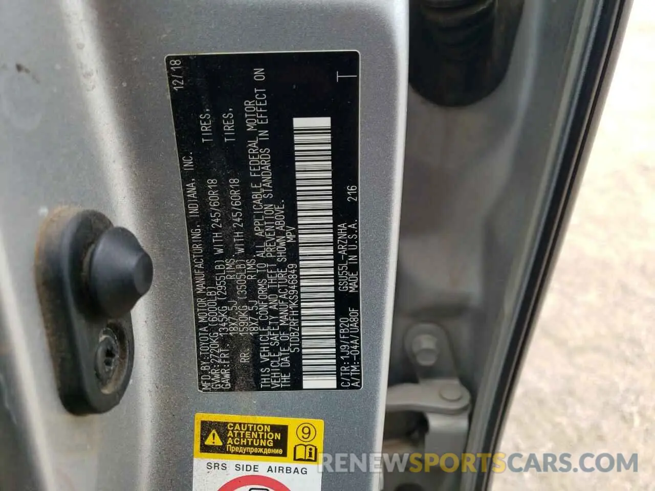 13 Фотография поврежденного автомобиля 5TDBZRFH1KS946849 TOYOTA HIGHLANDER 2019