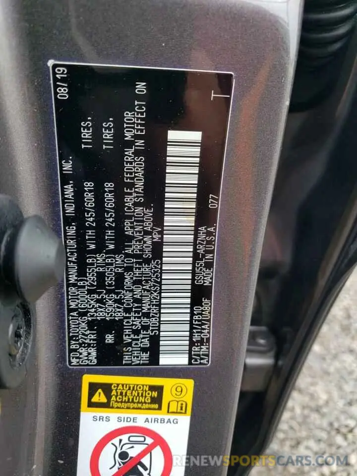 13 Photograph of a damaged car 5TDBZRFH2KS725325 TOYOTA HIGHLANDER 2019