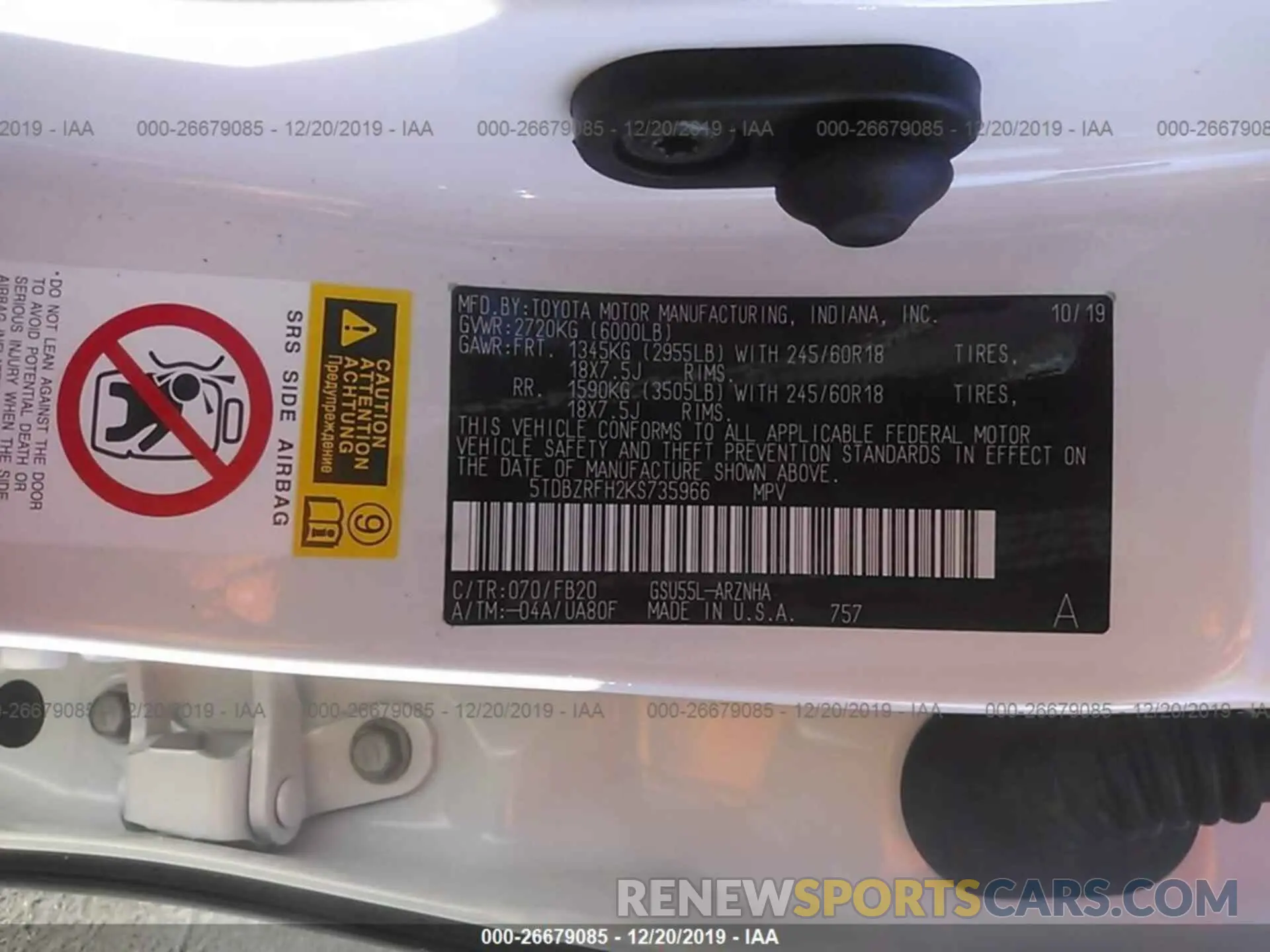 9 Photograph of a damaged car 5TDBZRFH2KS735966 TOYOTA HIGHLANDER 2019