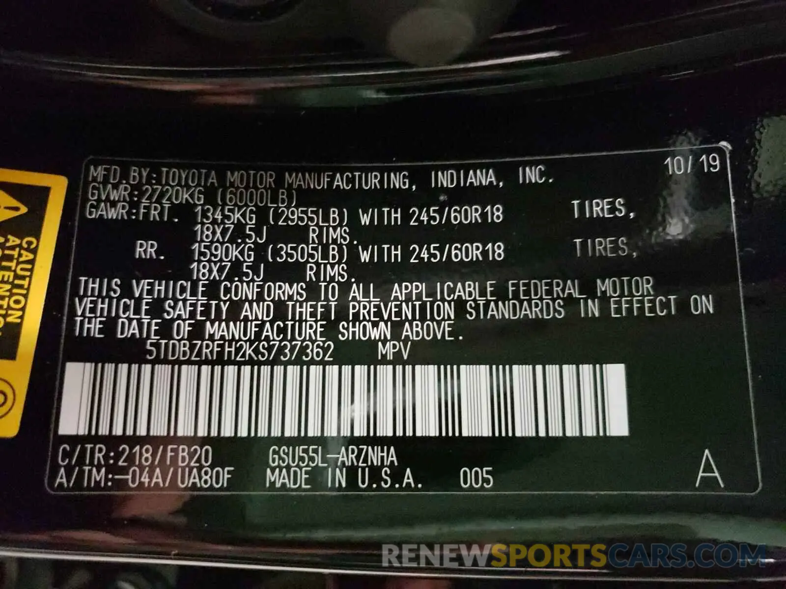 10 Photograph of a damaged car 5TDBZRFH2KS737362 TOYOTA HIGHLANDER 2019