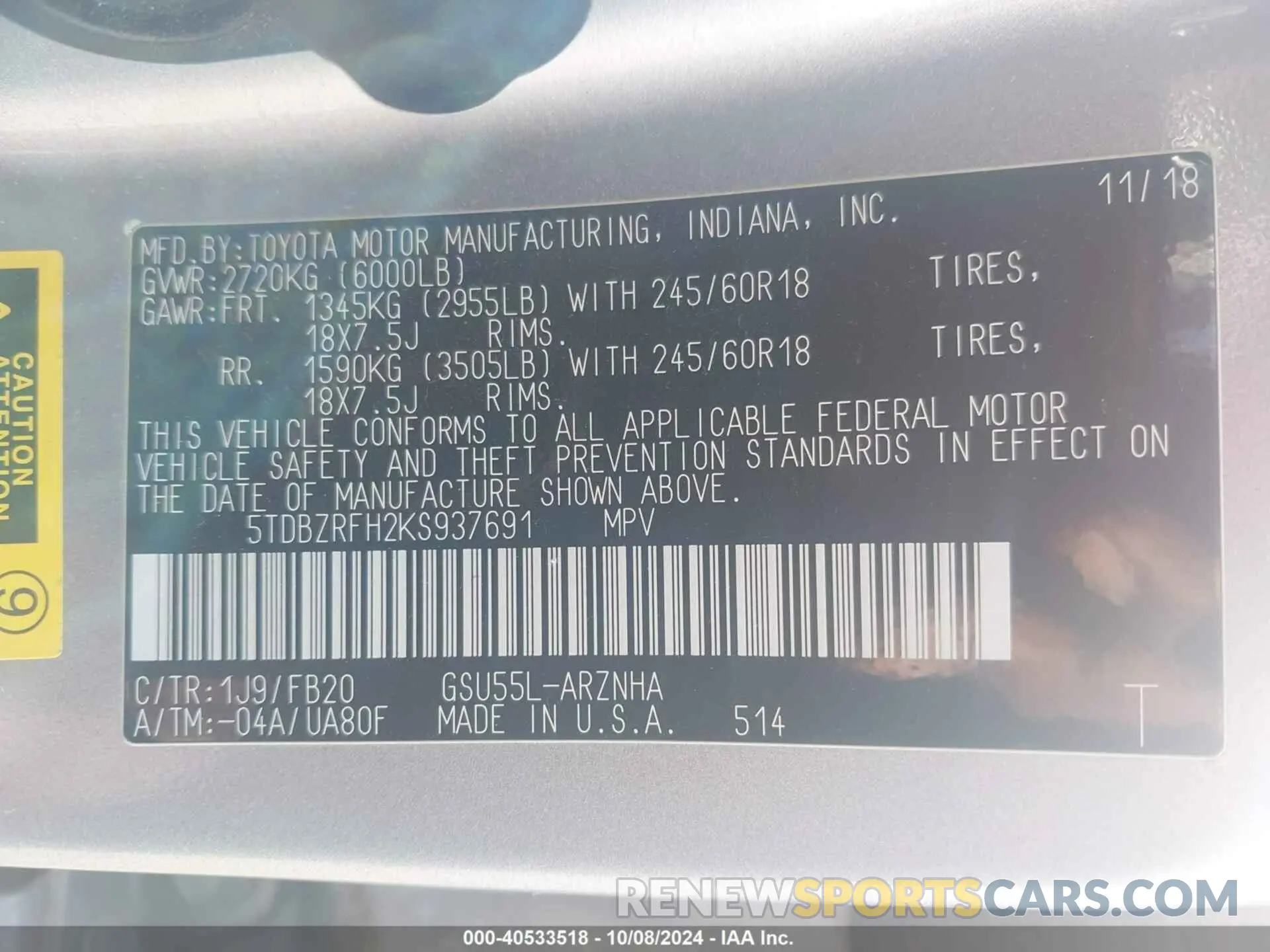 9 Фотография поврежденного автомобиля 5TDBZRFH2KS937691 TOYOTA HIGHLANDER 2019