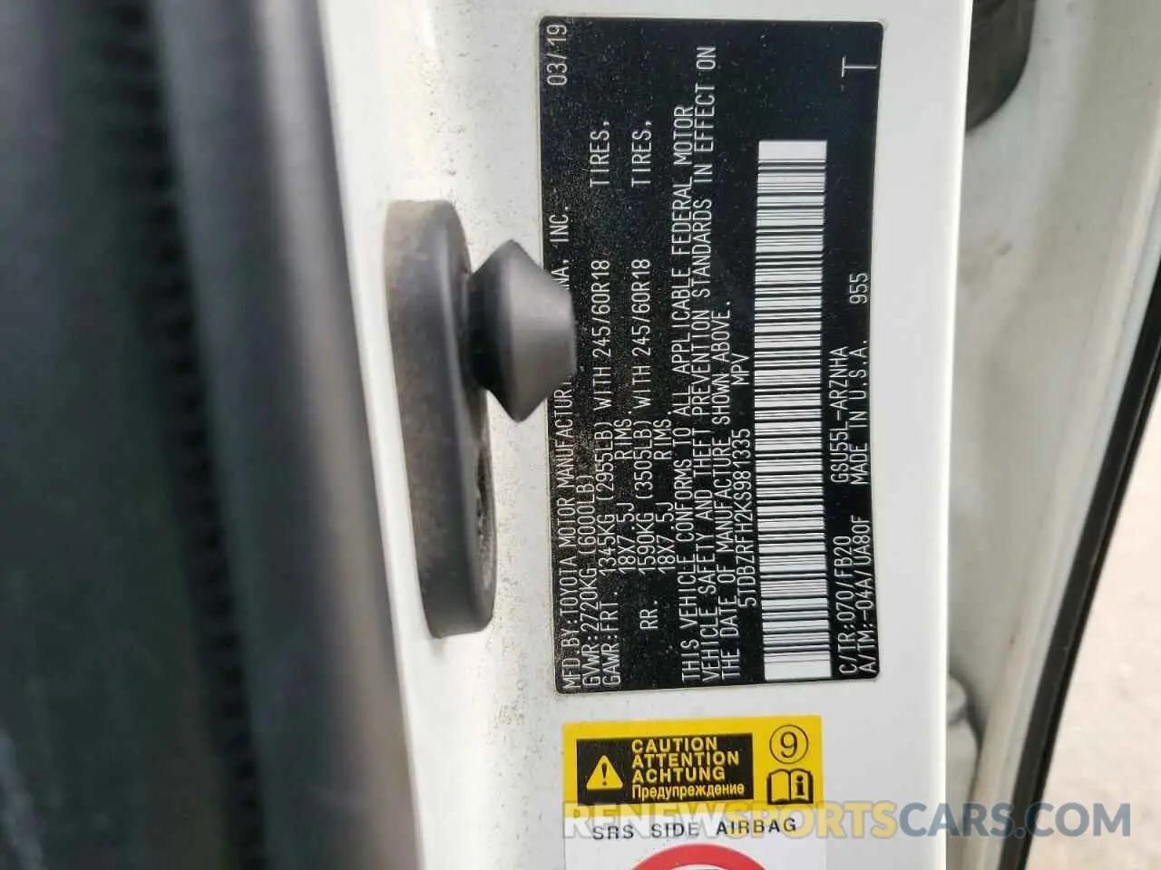 13 Photograph of a damaged car 5TDBZRFH2KS981335 TOYOTA HIGHLANDER 2019
