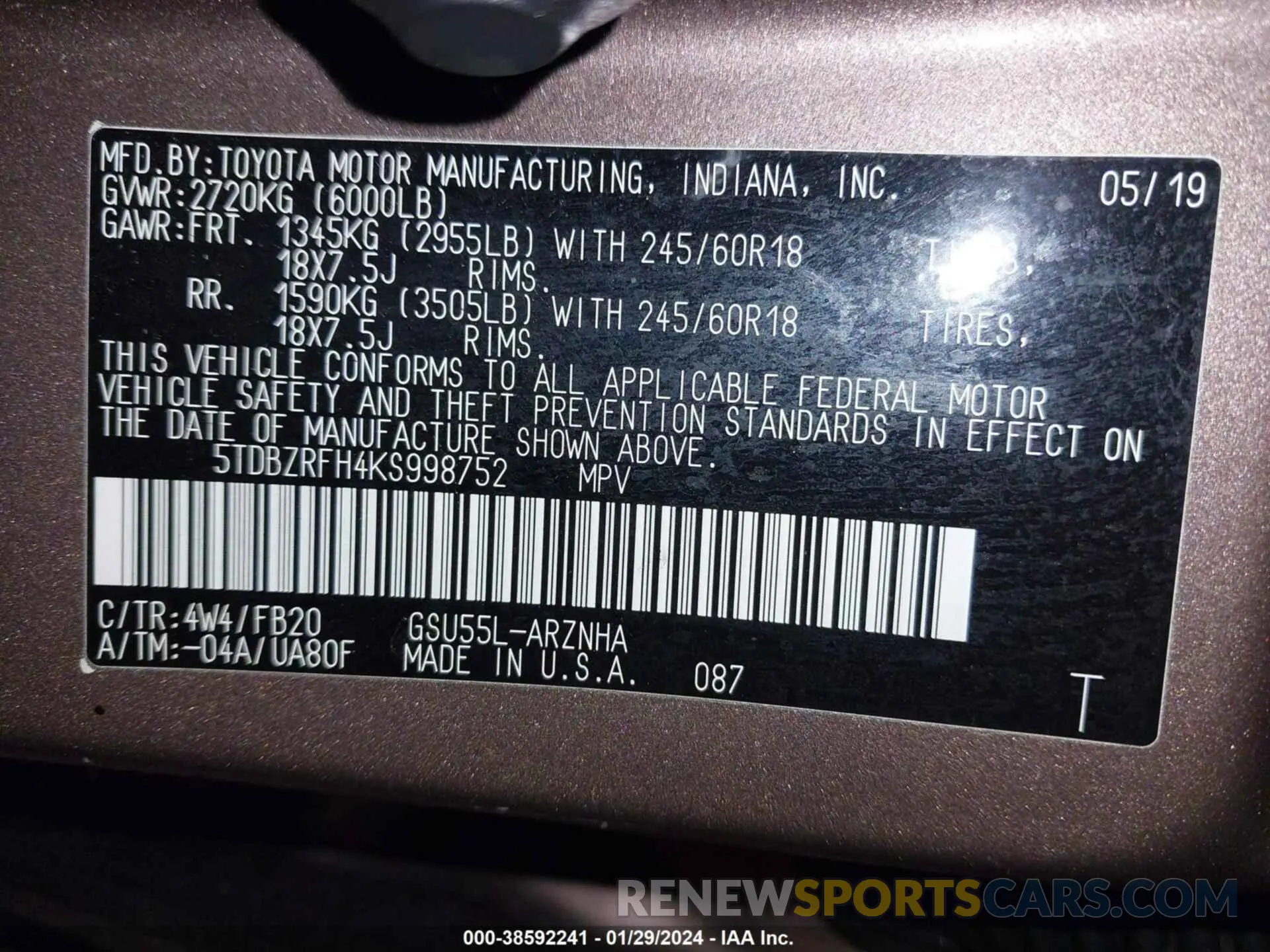 9 Photograph of a damaged car 5TDBZRFH4KS998752 TOYOTA HIGHLANDER 2019