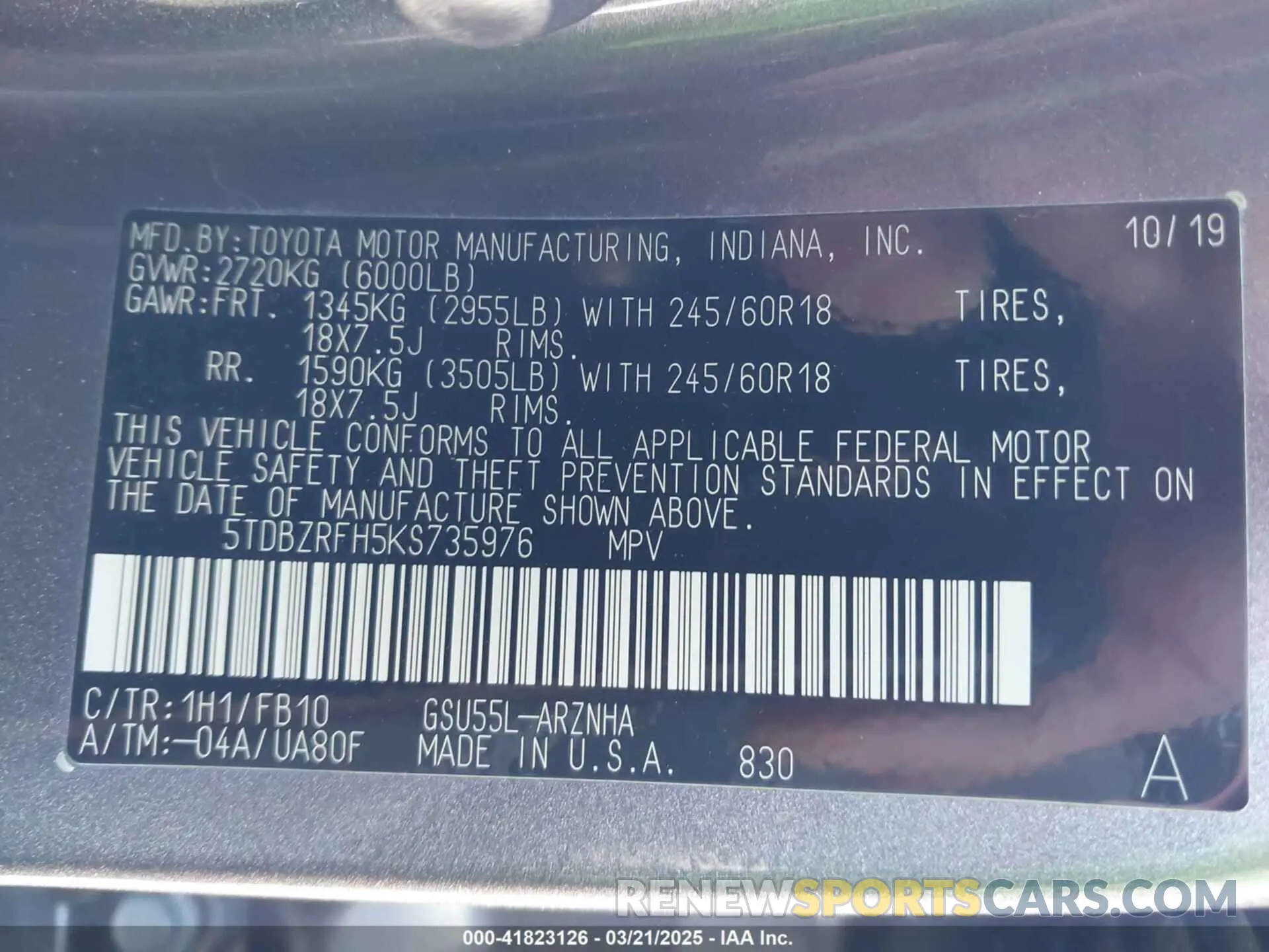 9 Photograph of a damaged car 5TDBZRFH5KS735976 TOYOTA HIGHLANDER 2019