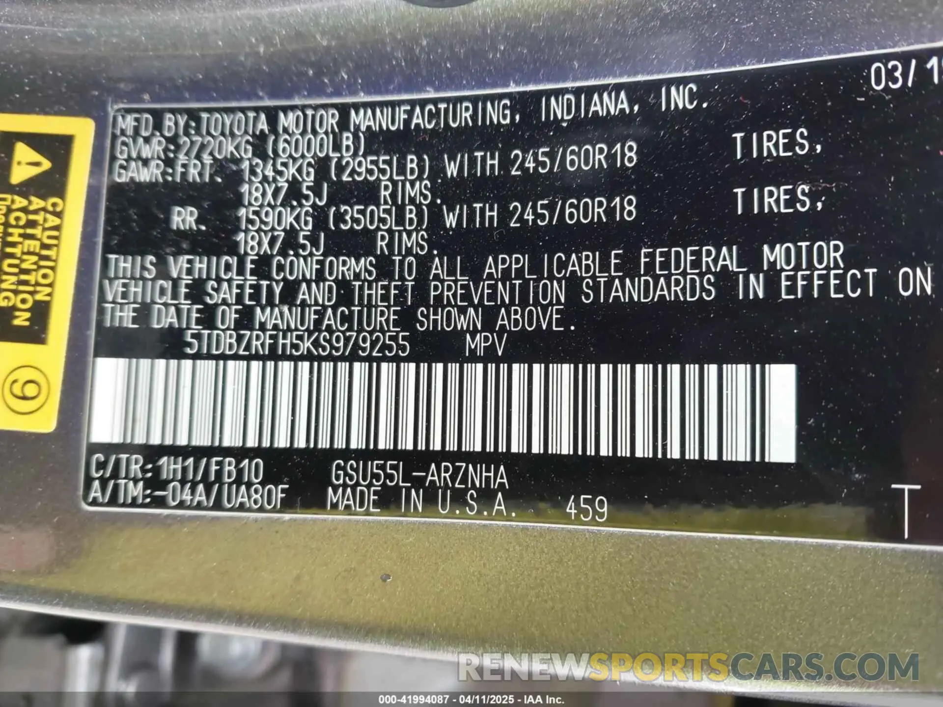 9 Фотография поврежденного автомобиля 5TDBZRFH5KS979255 TOYOTA HIGHLANDER 2019