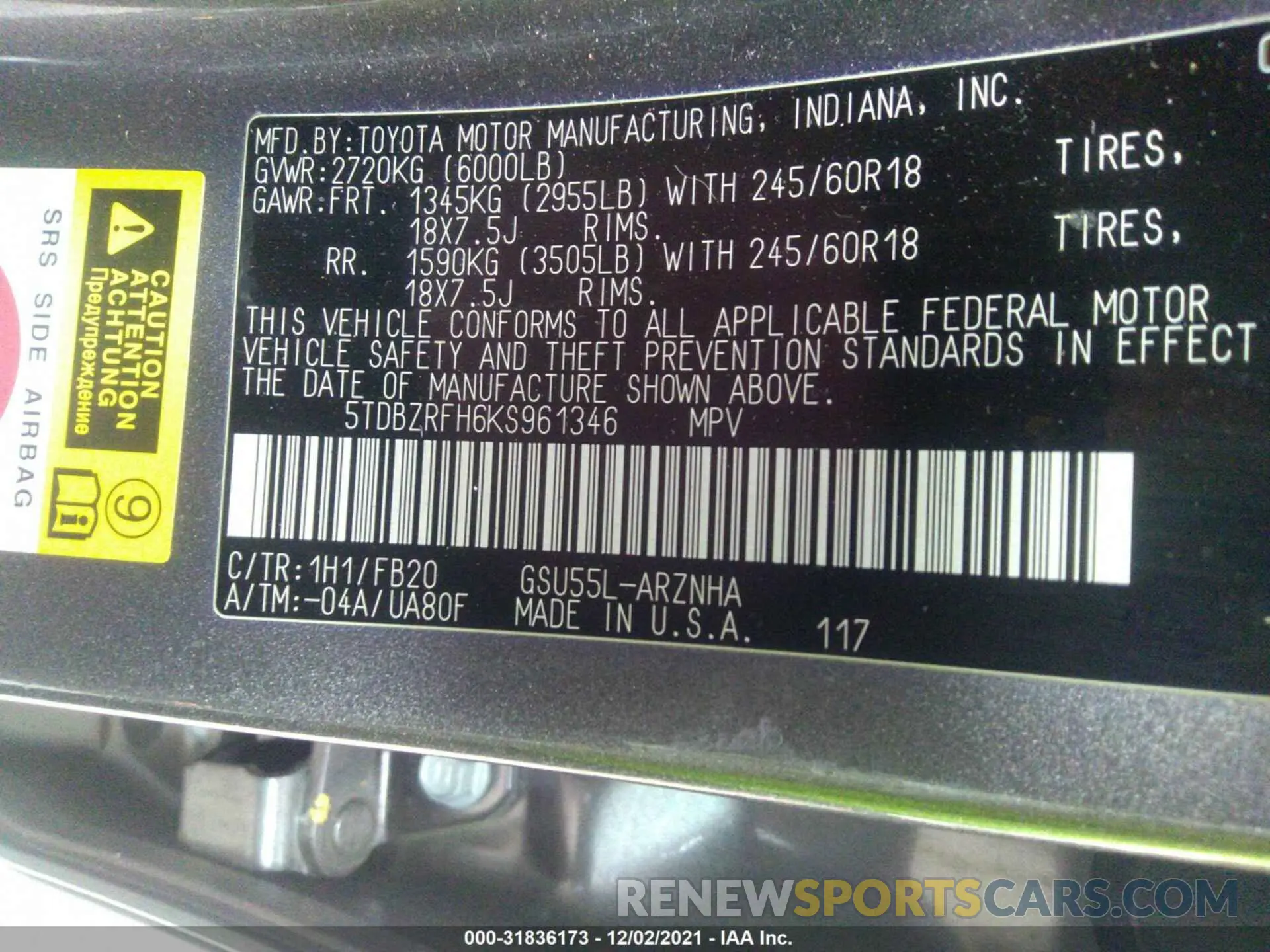 9 Photograph of a damaged car 5TDBZRFH6KS961346 TOYOTA HIGHLANDER 2019