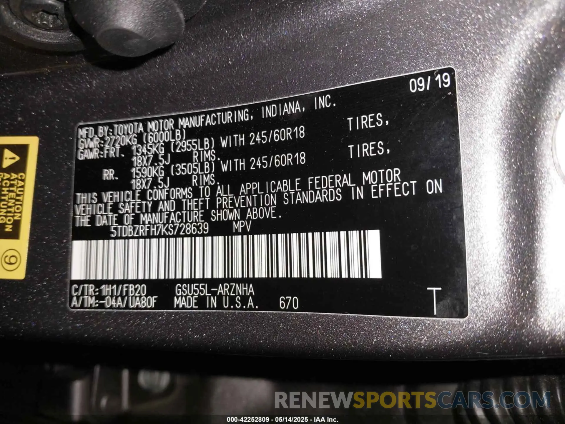 9 Фотография поврежденного автомобиля 5TDBZRFH7KS728639 TOYOTA HIGHLANDER 2019