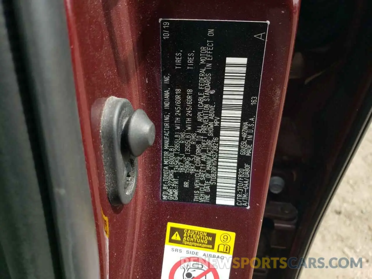 13 Photograph of a damaged car 5TDBZRFH7KS738216 TOYOTA HIGHLANDER 2019