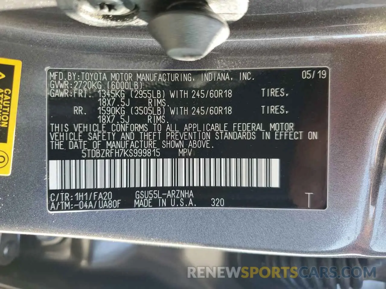 13 Фотография поврежденного автомобиля 5TDBZRFH7KS999815 TOYOTA HIGHLANDER 2019