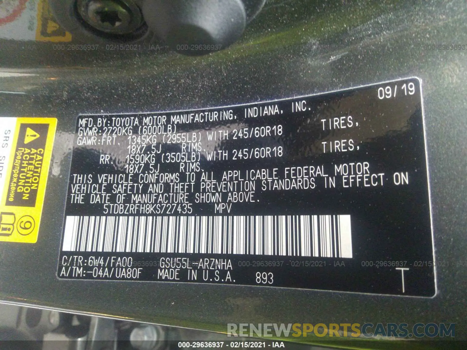 9 Фотография поврежденного автомобиля 5TDBZRFH8KS727435 TOYOTA HIGHLANDER 2019