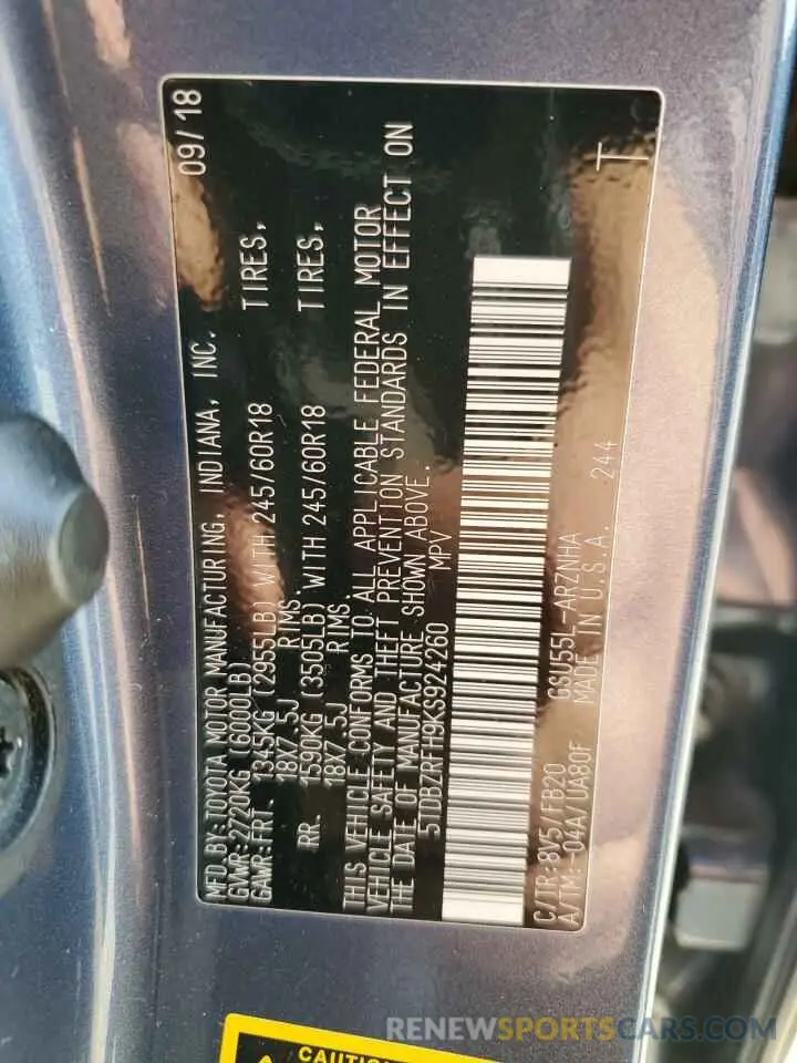 14 Фотография поврежденного автомобиля 5TDBZRFH9KS924260 TOYOTA HIGHLANDER 2019