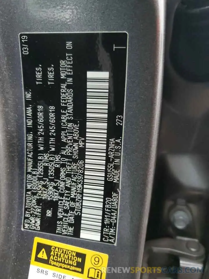 13 Фотография поврежденного автомобиля 5TDBZRFH9KS978206 TOYOTA HIGHLANDER 2019