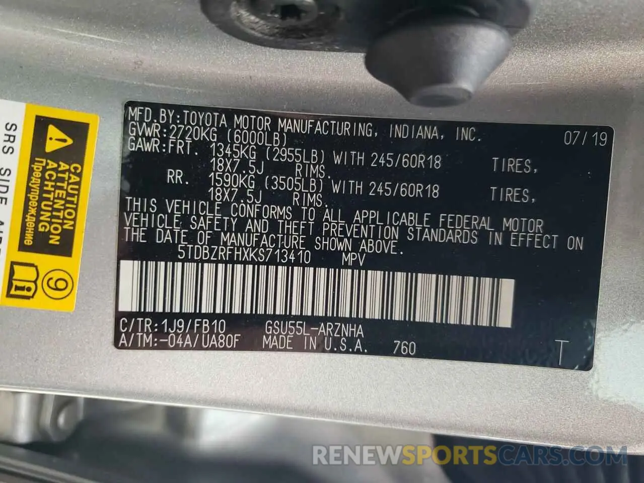 13 Фотография поврежденного автомобиля 5TDBZRFHXKS713410 TOYOTA HIGHLANDER 2019