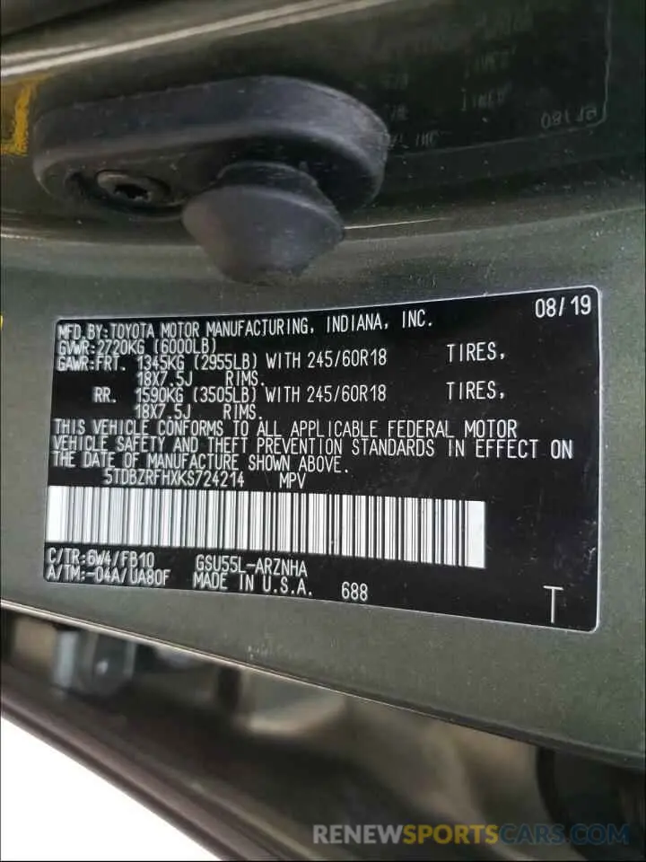 10 Photograph of a damaged car 5TDBZRFHXKS724214 TOYOTA HIGHLANDER 2019