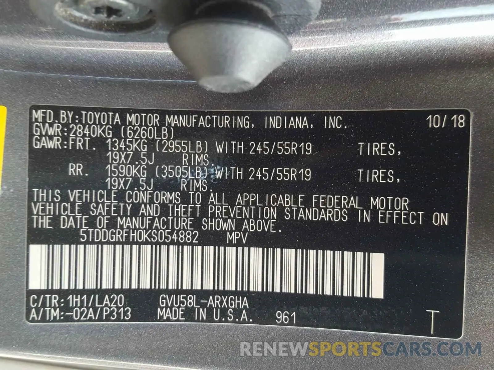 10 Photograph of a damaged car 5TDDGRFH0KS054882 TOYOTA HIGHLANDER 2019