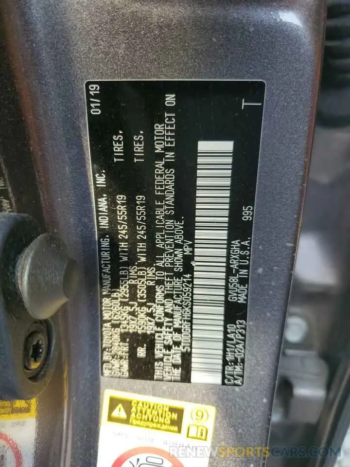 12 Photograph of a damaged car 5TDDGRFH6KS059214 TOYOTA HIGHLANDER 2019