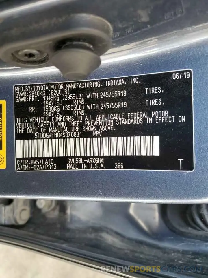 14 Photograph of a damaged car 5TDDGRFH8KS070831 TOYOTA HIGHLANDER 2019