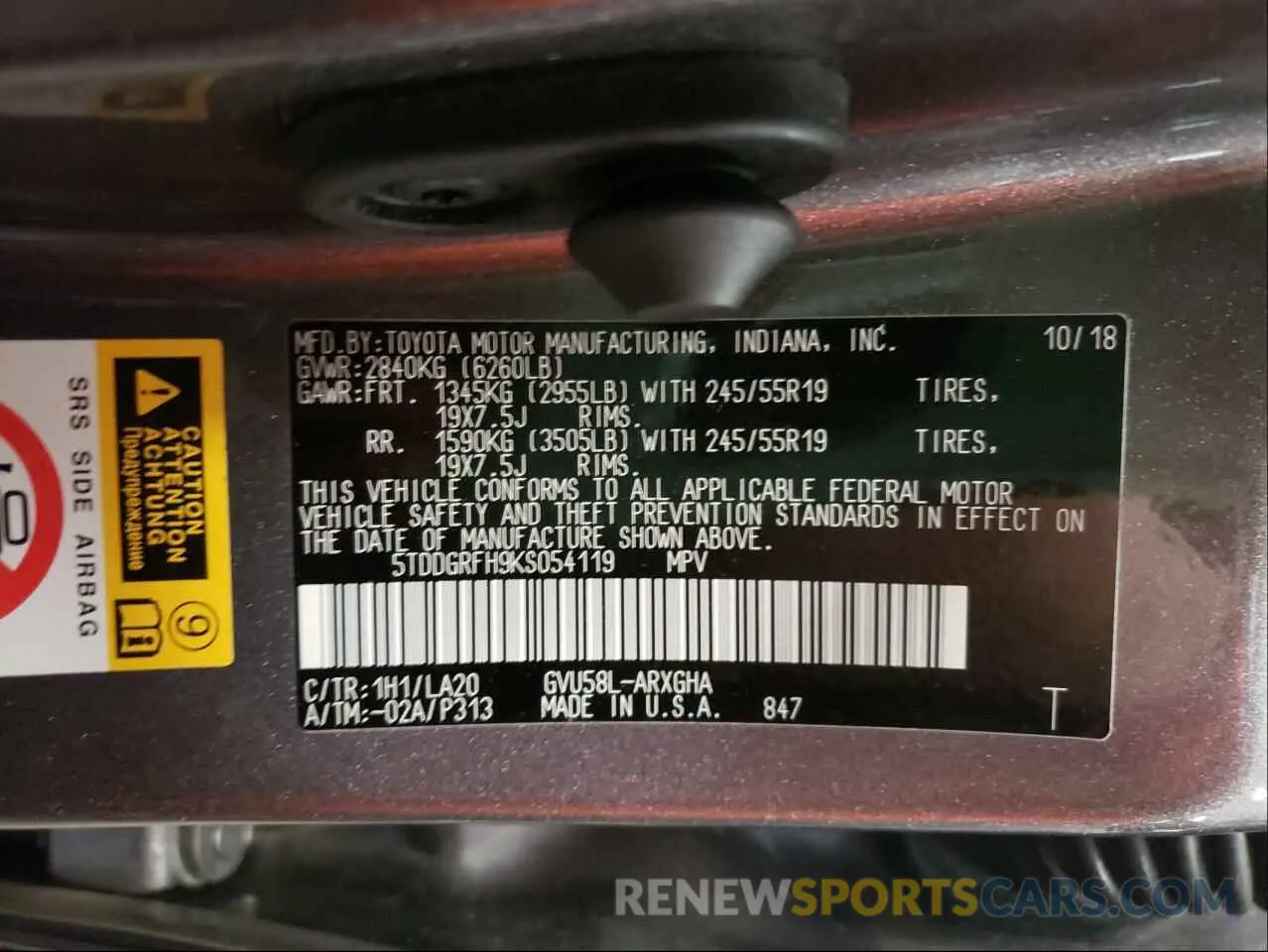 10 Photograph of a damaged car 5TDDGRFH9KS054119 TOYOTA HIGHLANDER 2019