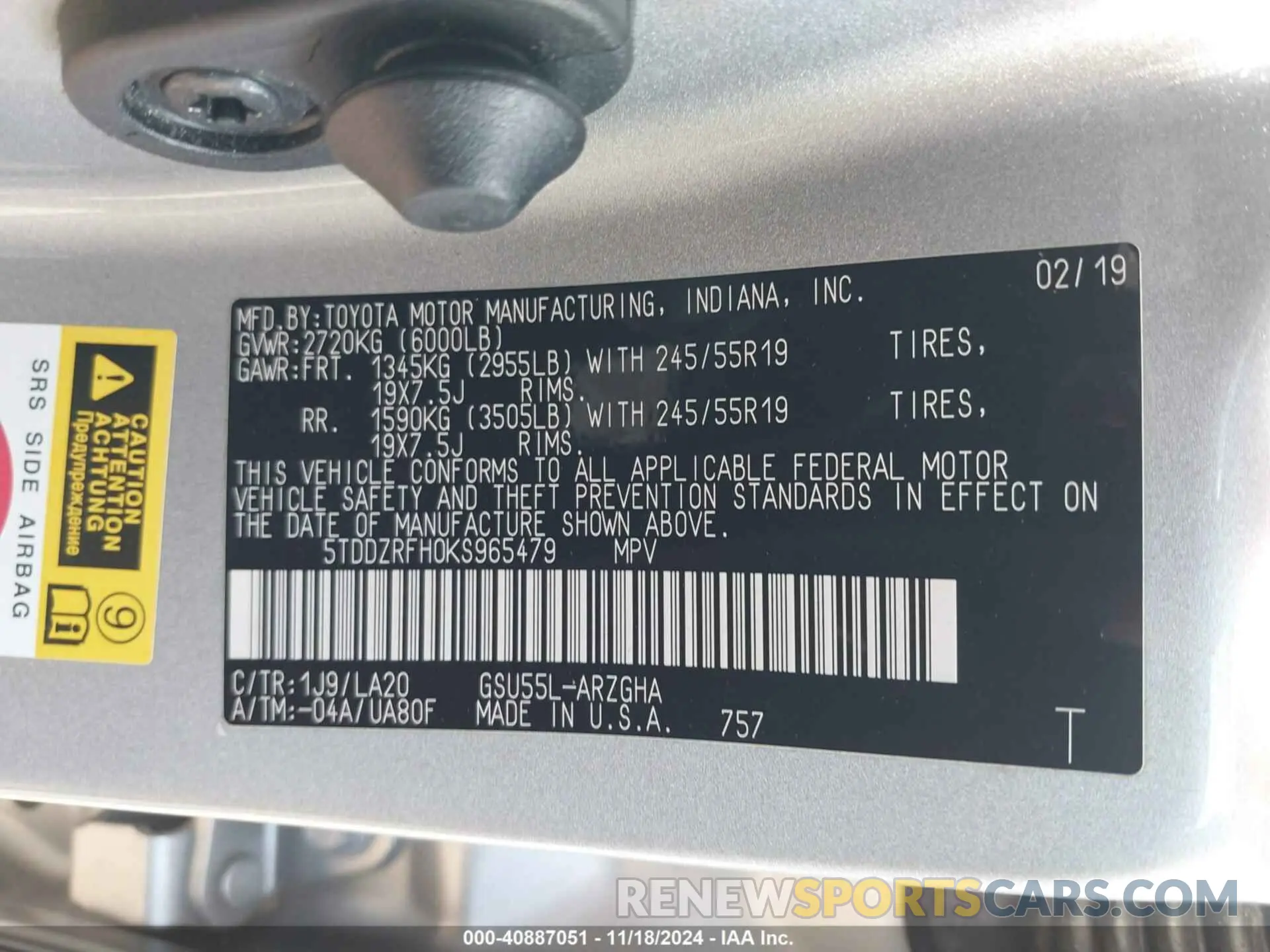 9 Photograph of a damaged car 5TDDZRFH0KS965479 TOYOTA HIGHLANDER 2019