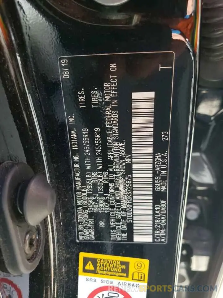 13 Photograph of a damaged car 5TDDZRFH3KS725875 TOYOTA HIGHLANDER 2019