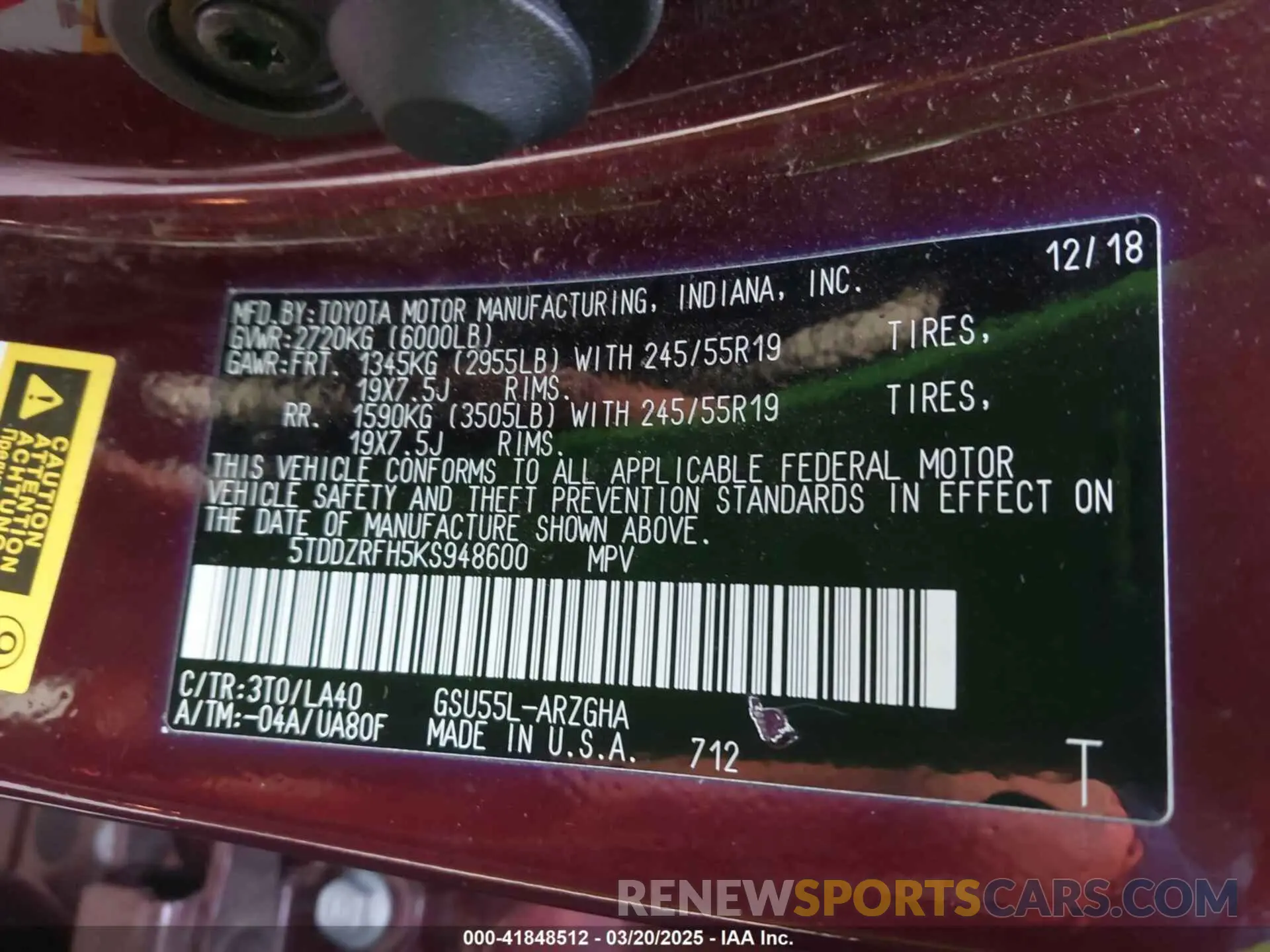 9 Фотография поврежденного автомобиля 5TDDZRFH5KS948600 TOYOTA HIGHLANDER 2019