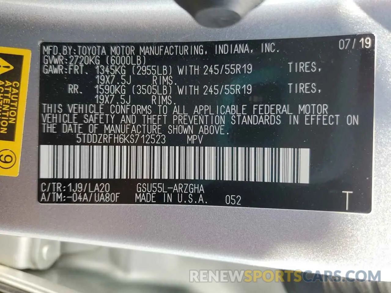 13 Photograph of a damaged car 5TDDZRFH6KS712523 TOYOTA HIGHLANDER 2019
