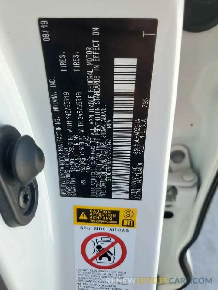 14 Photograph of a damaged car 5TDDZRFH7KS722347 TOYOTA HIGHLANDER 2019