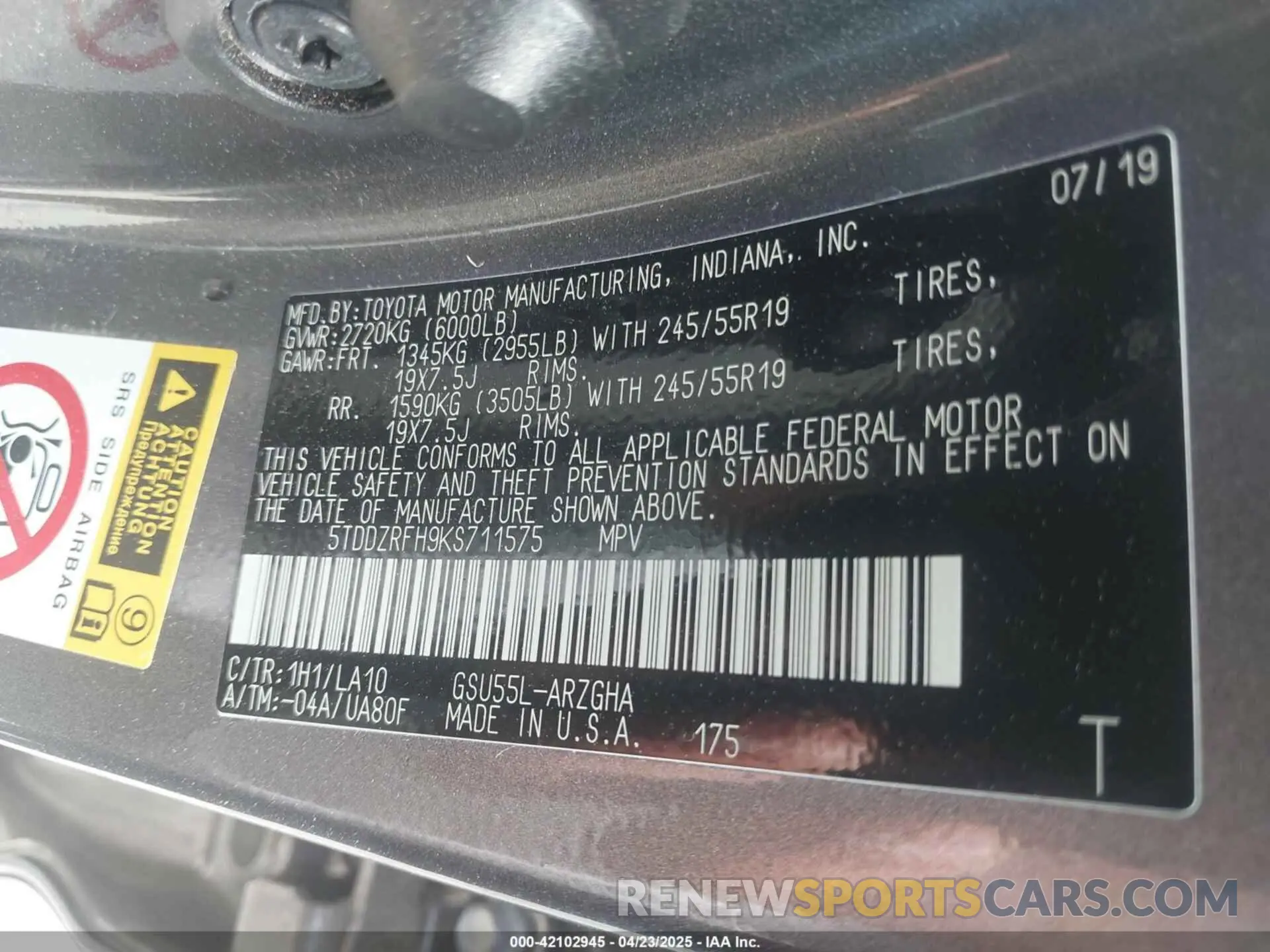 9 Фотография поврежденного автомобиля 5TDDZRFH9KS711575 TOYOTA HIGHLANDER 2019