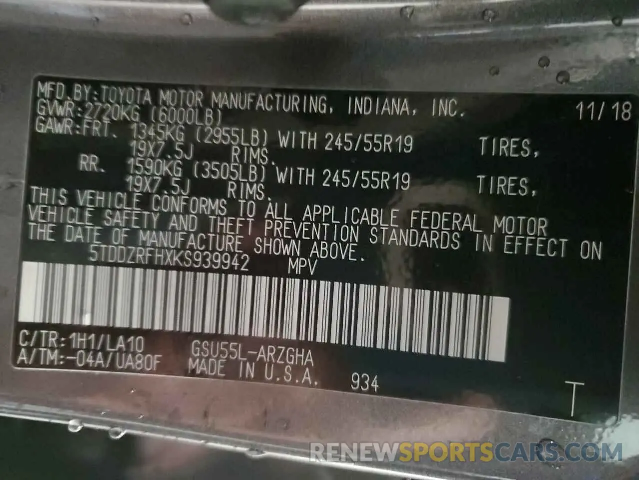10 Photograph of a damaged car 5TDDZRFHXKS939942 TOYOTA HIGHLANDER 2019