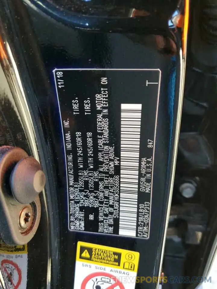 12 Photograph of a damaged car 5TDJGRFH0KS056666 TOYOTA HIGHLANDER 2019