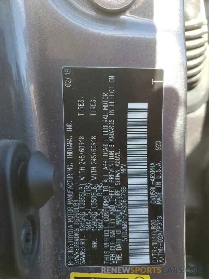 13 Фотография поврежденного автомобиля 5TDJGRFH7KS061766 TOYOTA HIGHLANDER 2019